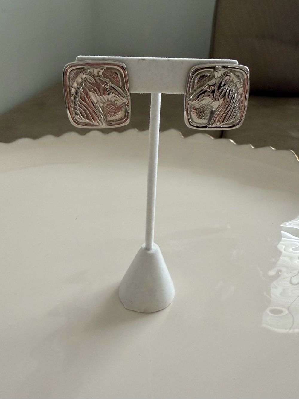 Vintage 90s Square Silver Zebra Raised Relief Stud Earrings